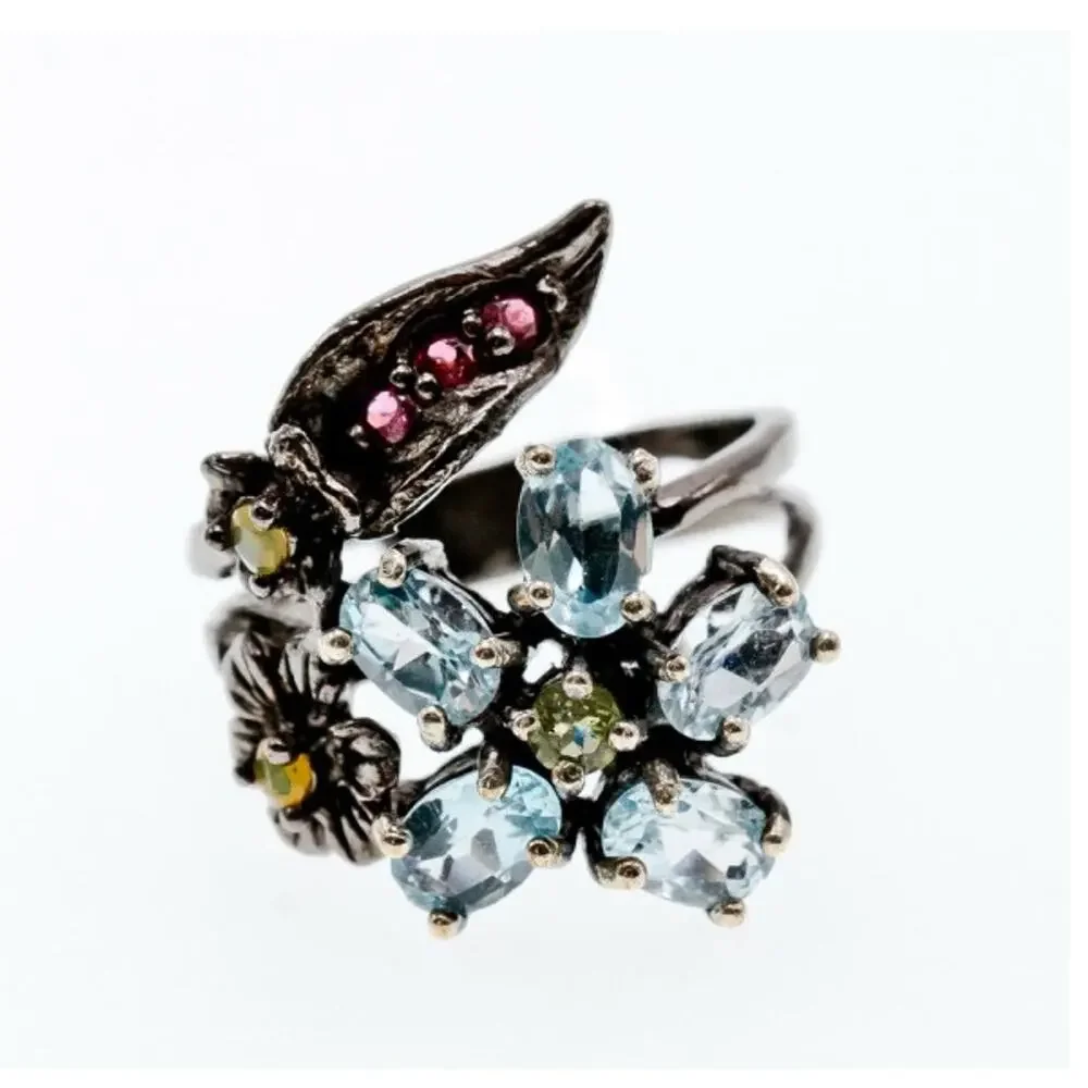 925 Blackened Silver Topaz, Garnet, Peridot & Opal Ring Size 8